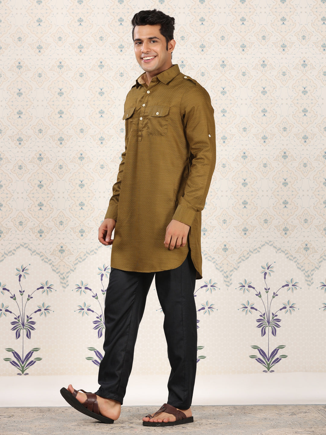 Olive Green Printed Pathani Set