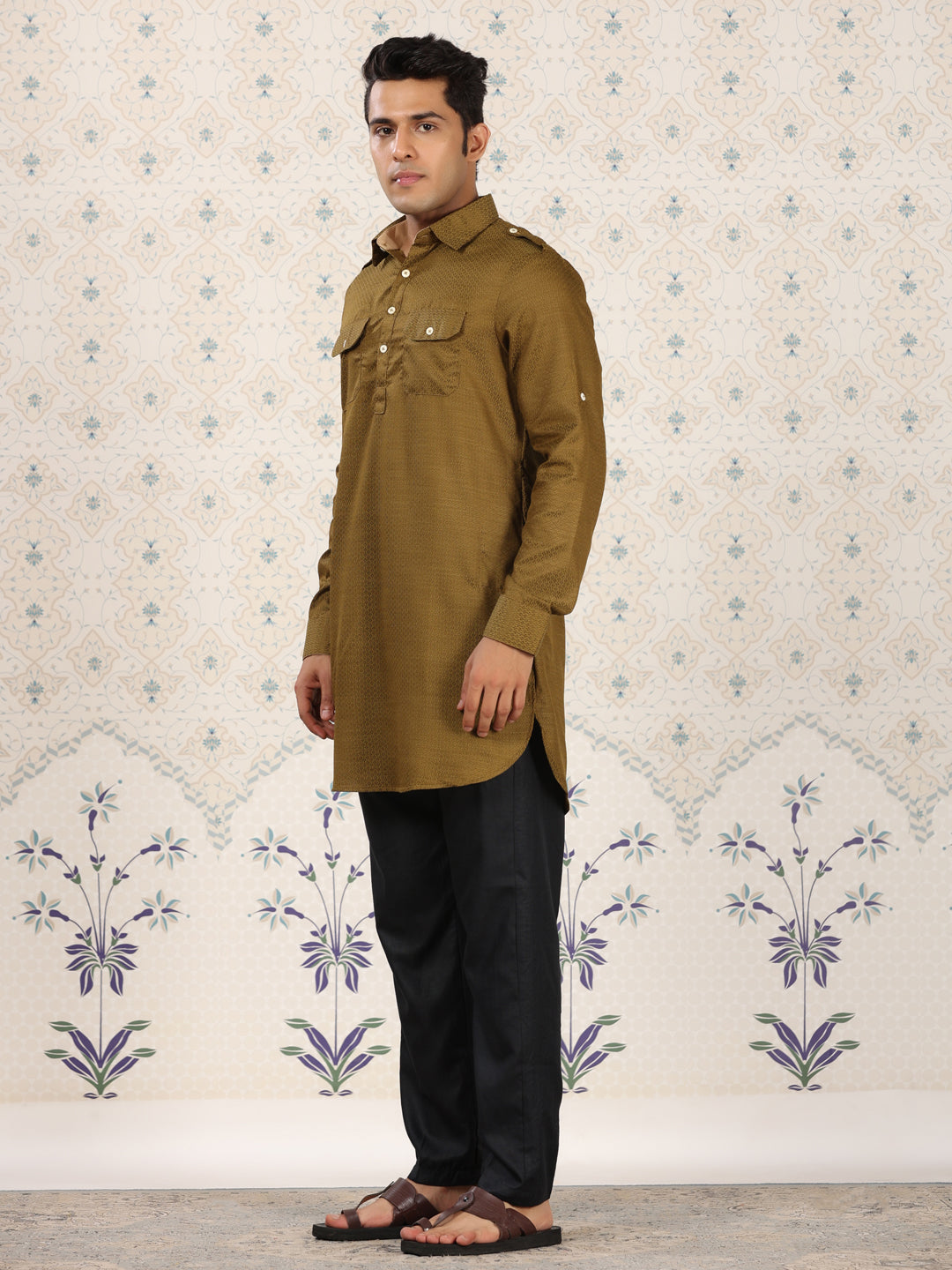 Olive Green Printed Pathani Set