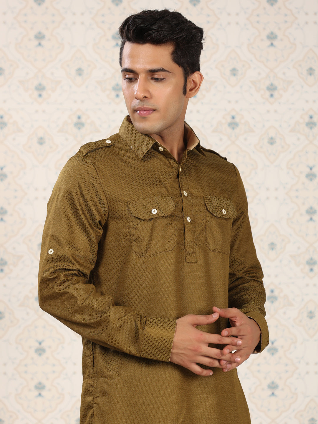 Olive Green Printed Pathani Set