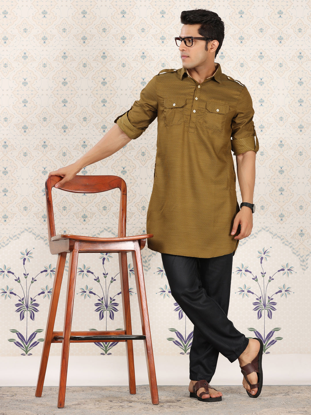 Olive Green Printed Pathani Set