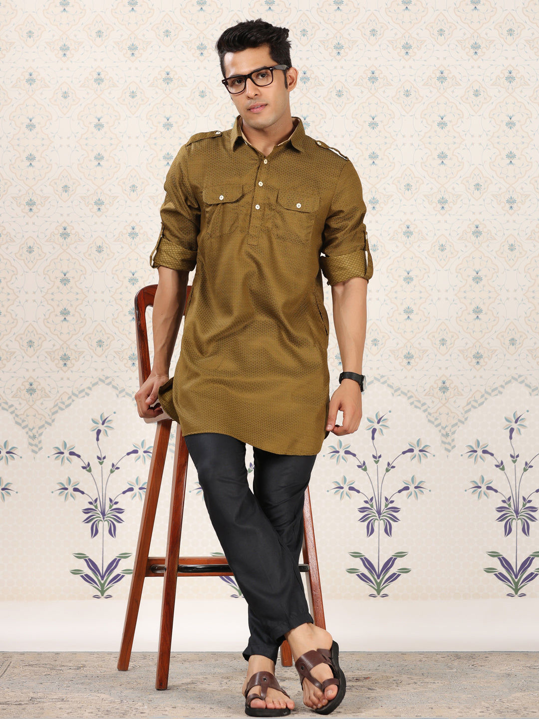 Olive Green Printed Pathani Set