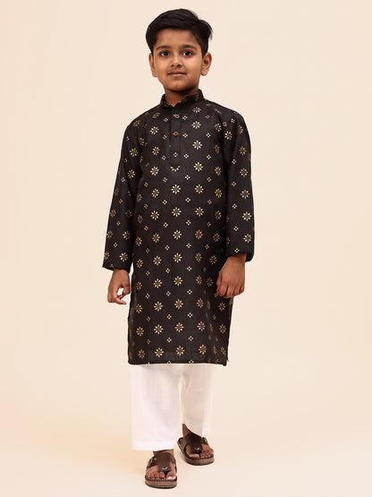 Karnam Junior - Boys' Black Kurta with Golden Print and White Pajama Set