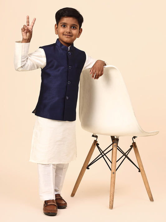 Karnam Junior - Boys Navy Blue Silk Jacket Set