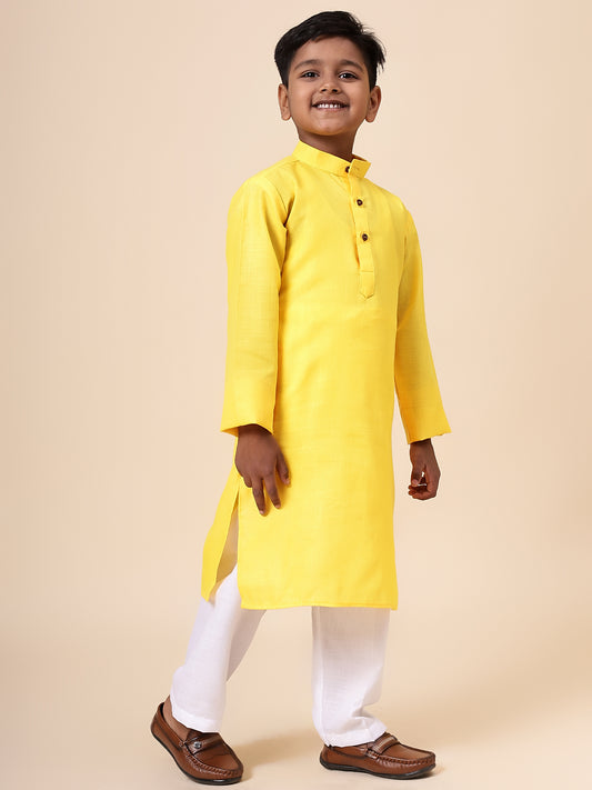 Karnam Junior - Boys Yellow Cotton Kurta Set