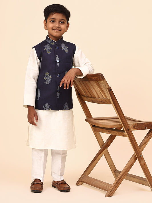 Karnam Junior - Boys Navy Blue Foliage Printed Jacket Set