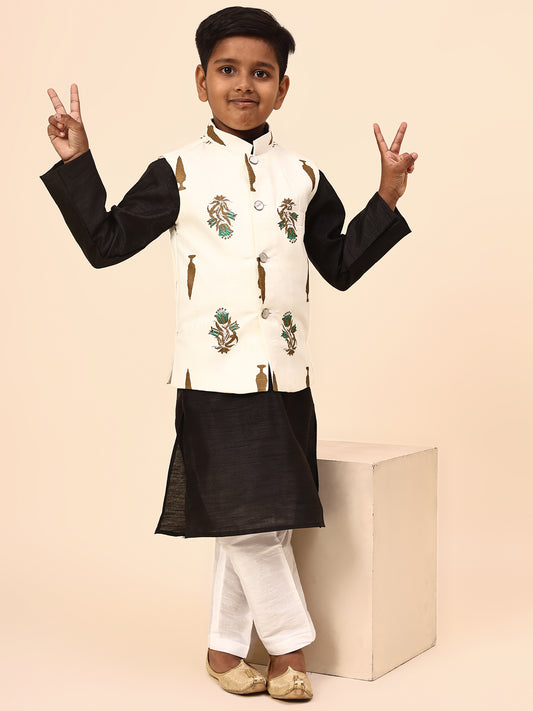 Karnam Junior - Boys Cream Foliage Printed Jacket Set