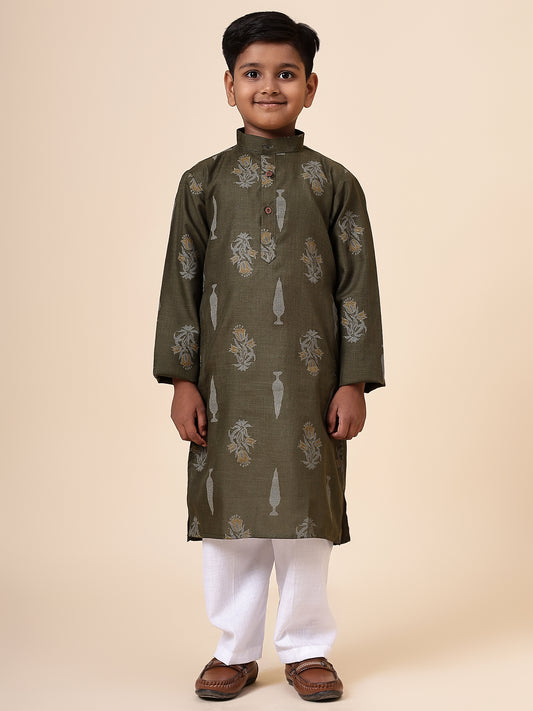 Karnam Junior - Boys Olive Green Foliage Printed Cotton Long Kurta Top