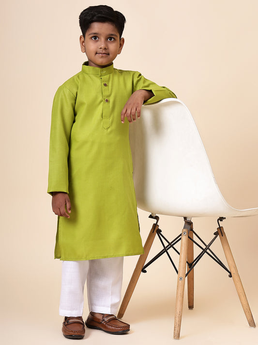 Karnam Junior - Boys Olive Green Cotton Kurta Set