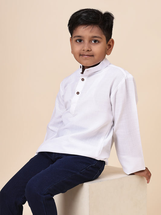 Karnam Junior - Boys White Cotton Short Kurta