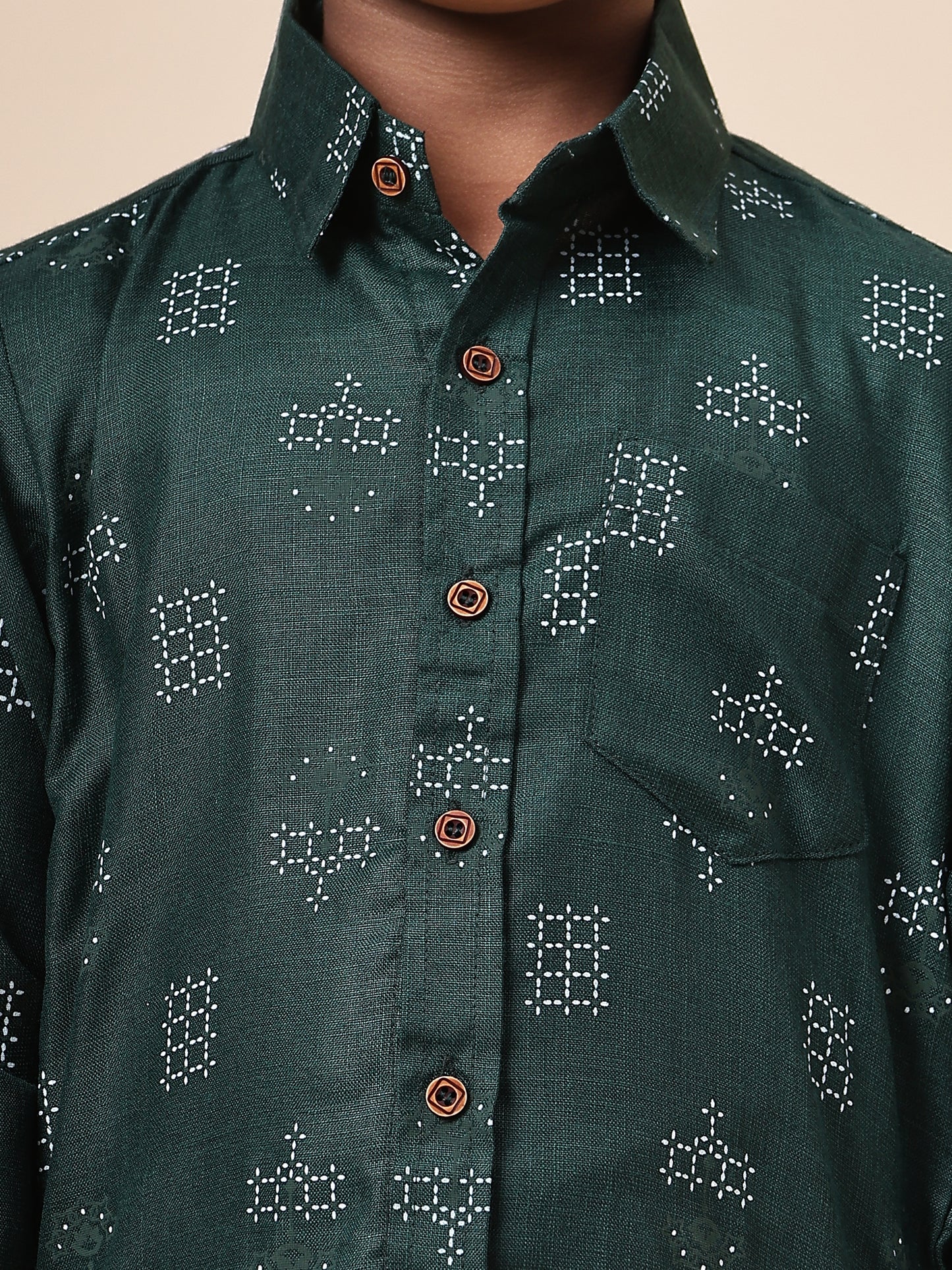 Karnam Junior - Boys Bottle Green Square Printed Cotton Shirt