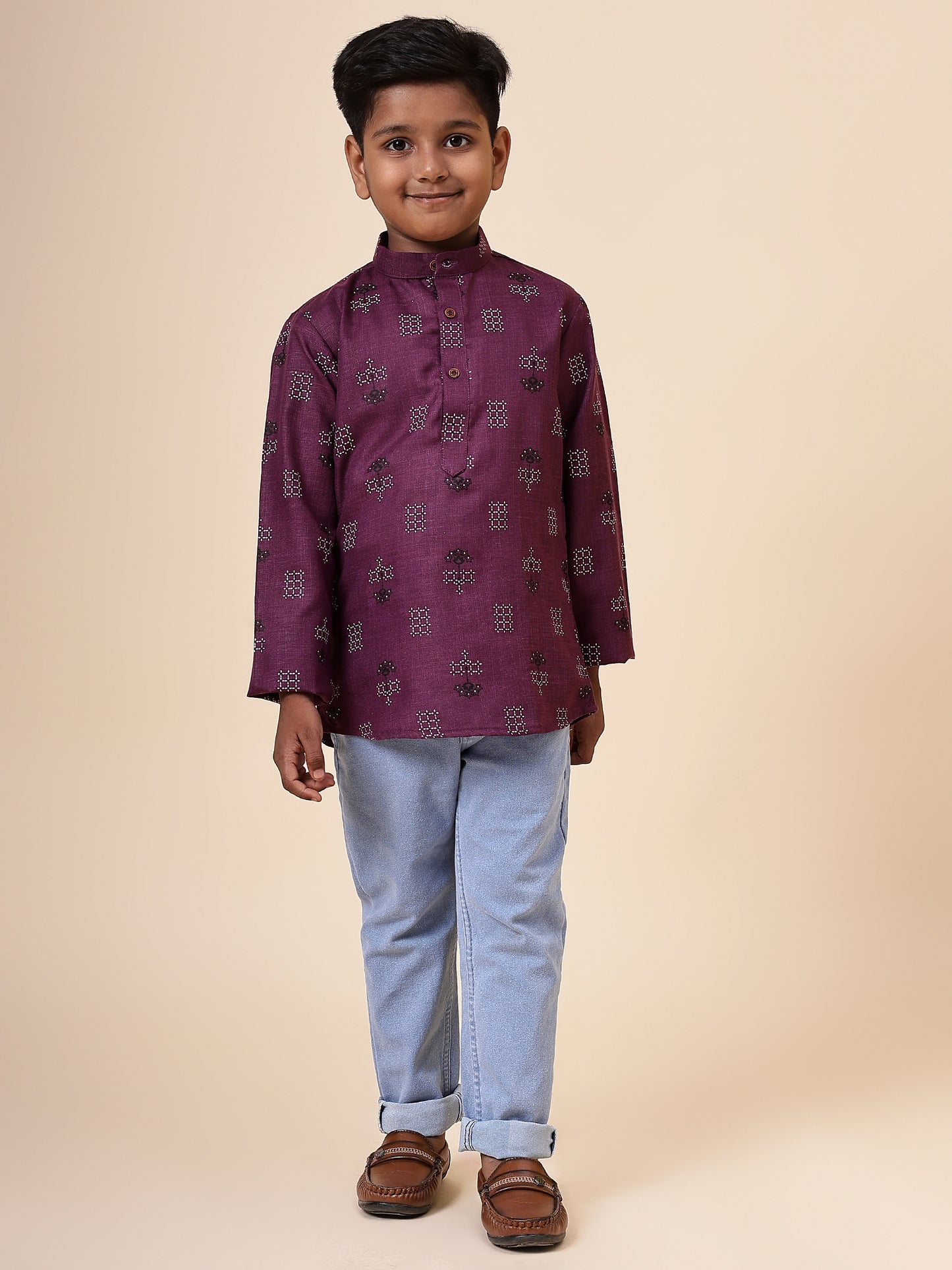 Karnam Junior - Boys Purple Square Printed Cotton Short Kurta