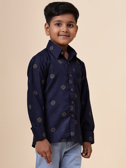 Karnam Junior - Boys Blue and Gold Cotton Shirt