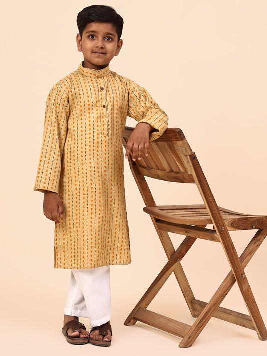 Karnam Junior - Boys Yellow Printed Cotton Long Kurta Top