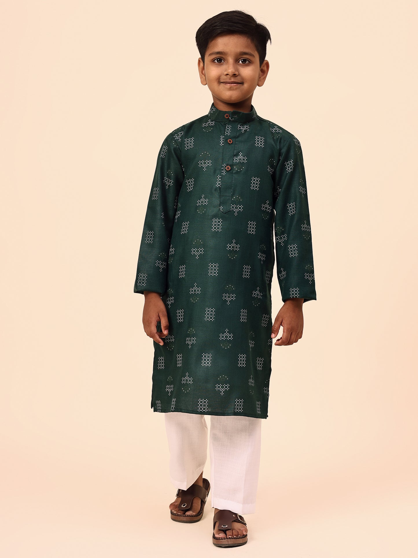 Karnam Junior - Boys Bottle Green Printed Cotton Long Kurta Top