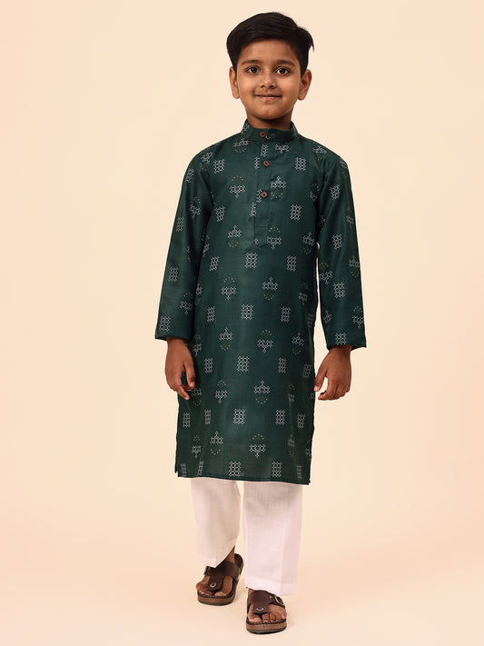 Karnam Junior - Boys Bottle Green Printed Cotton Long Kurta Top