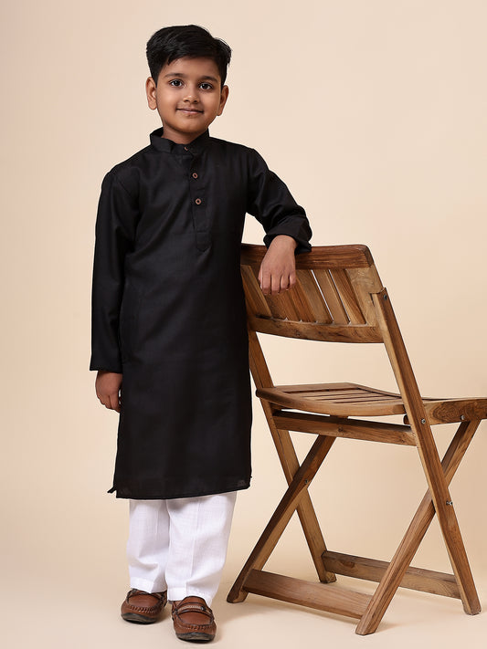 Karnam Junior - Boys Black Cotton Kurta Set