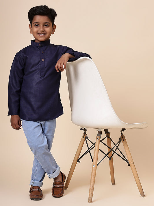 Karnam Junior - Boys Navy Blue Cotton Short Kurta