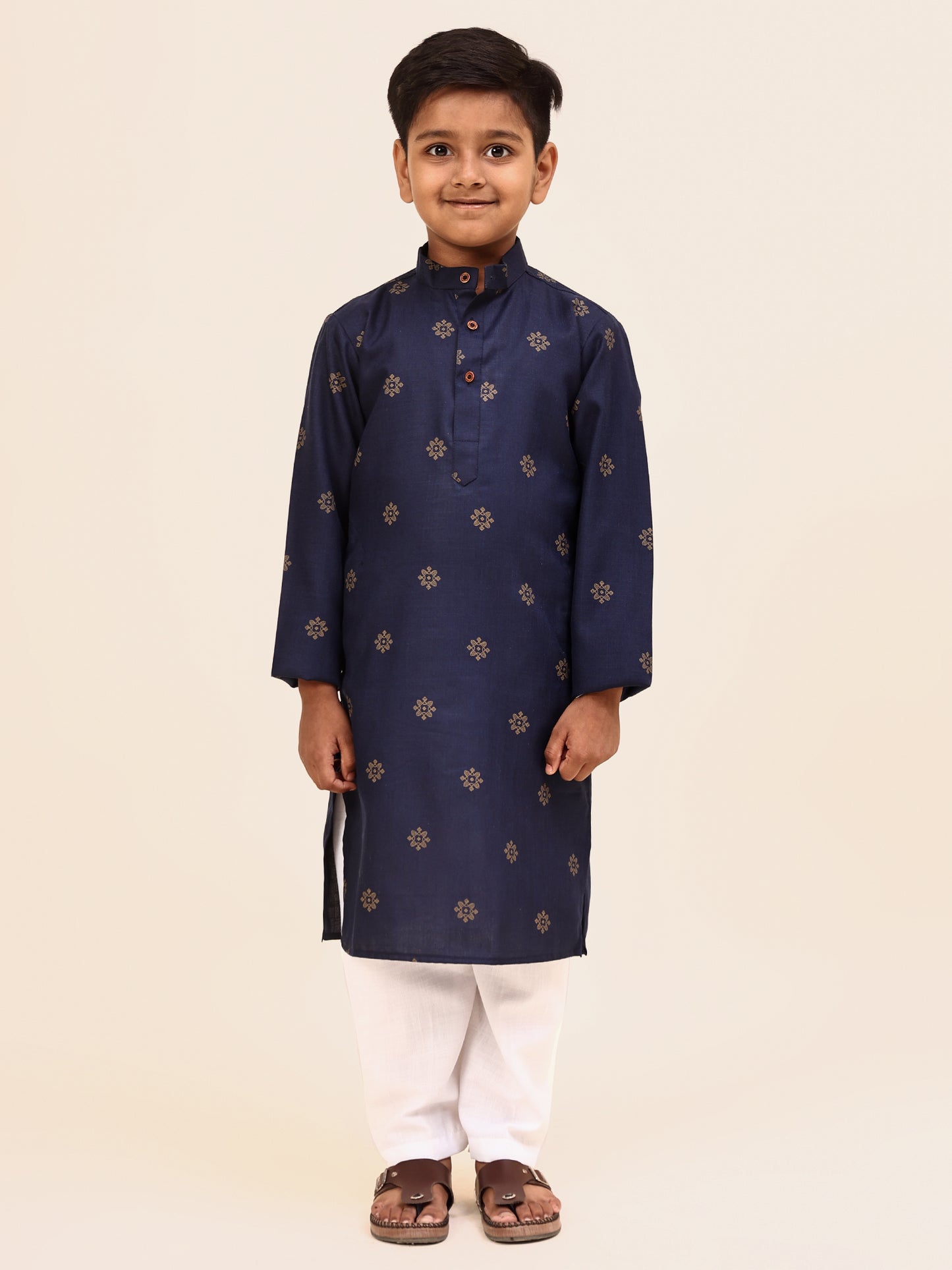Karnam Junior - Boys Blue and Gold Printed Cotton Long Kurta Top