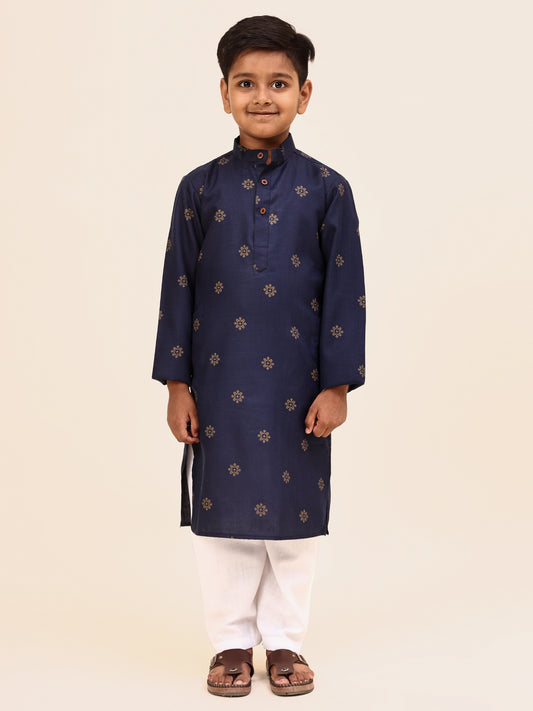 Karnam Junior - Boys Blue and Gold Printed Cotton Long Kurta Top