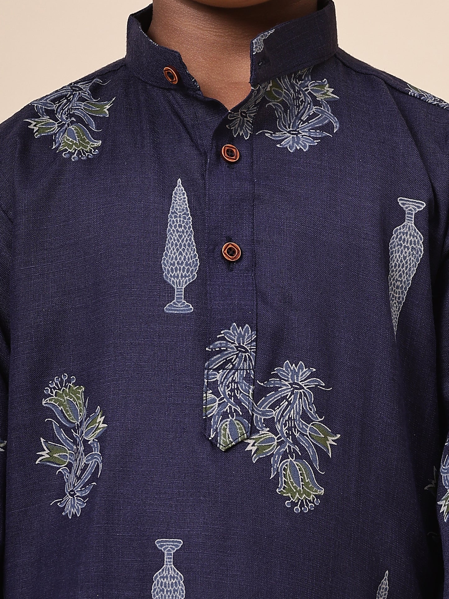 Karnam Junior - Boys Navy Blue Foliage Cotton Short Kurta