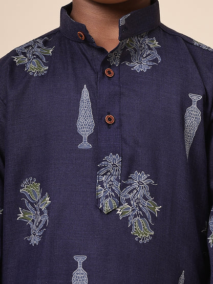 Karnam Junior - Boys Navy Blue Foliage Cotton Short Kurta