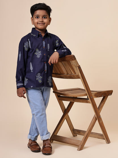 Karnam Junior - Boys Navy Blue Foliage Printed Cotton Shirt