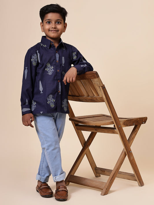 Karnam Junior - Boys Navy Blue Foliage Printed Cotton Shirt