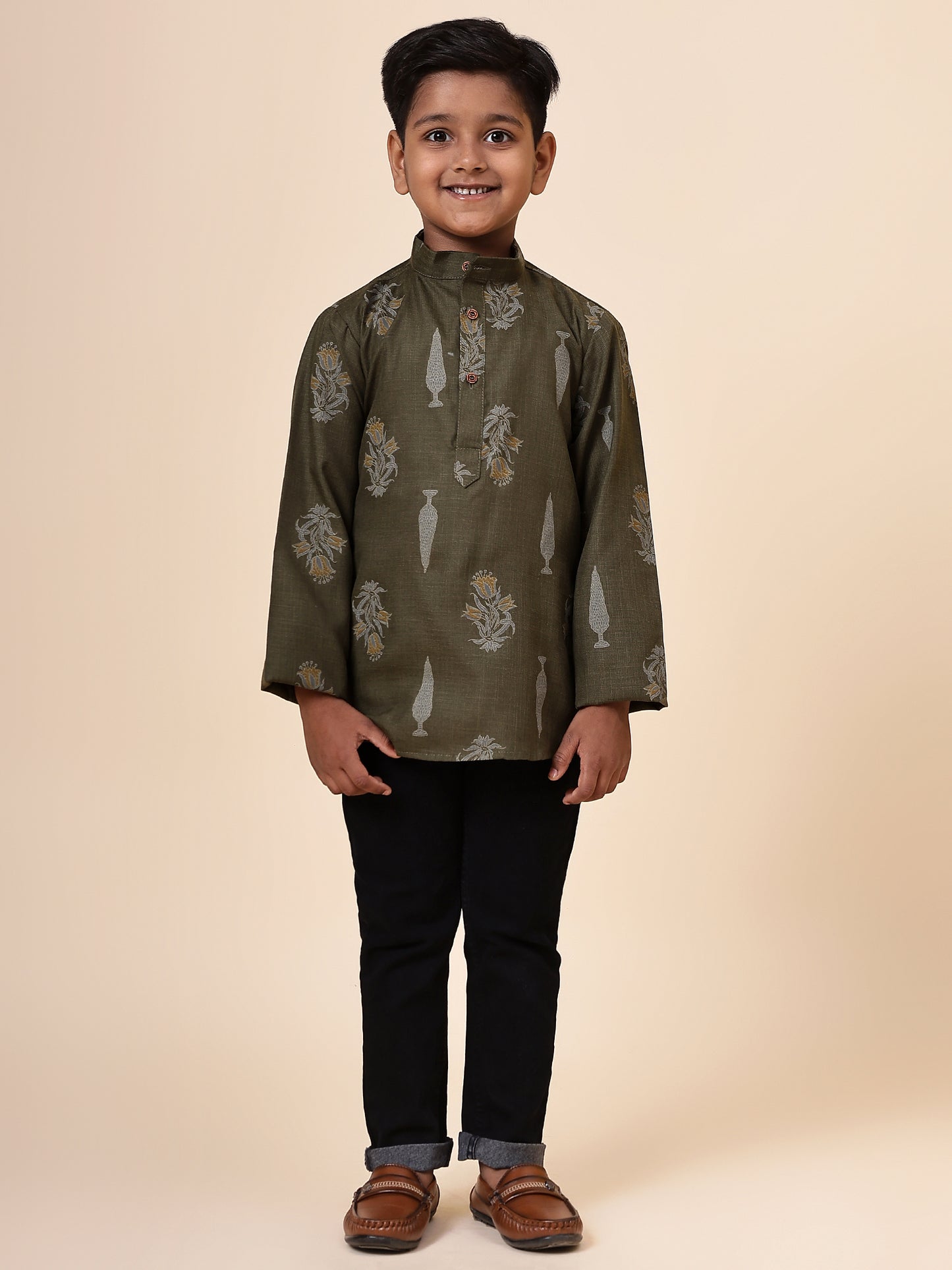 Karnam Junior - Boys Olive Green Foliage Cotton Short Kurta