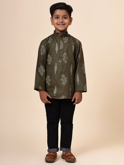 Karnam Junior - Boys Olive Green Foliage Cotton Short Kurta