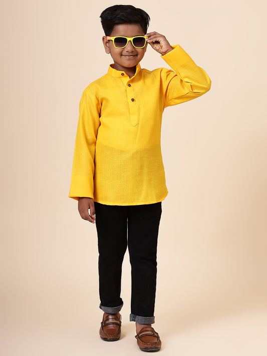 Karnam Junior - Boys Bright Yellow Cotton Short Kurta