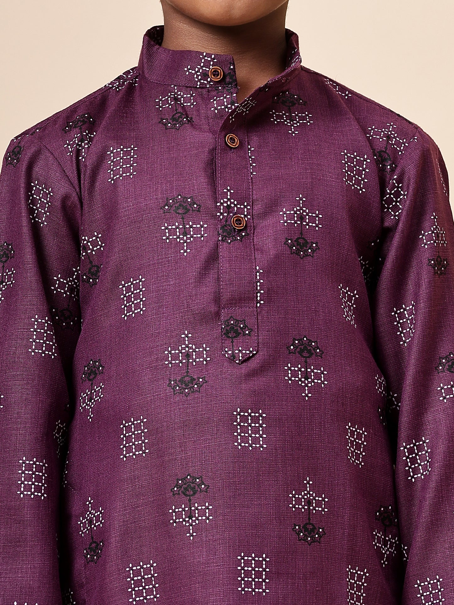 Karnam Junior - Boys Purple Square Printed Cotton Long Kurta Top