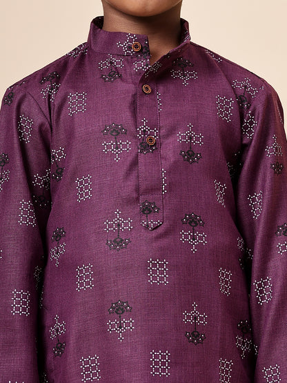 Karnam Junior - Boys Purple Square Printed Cotton Long Kurta Top