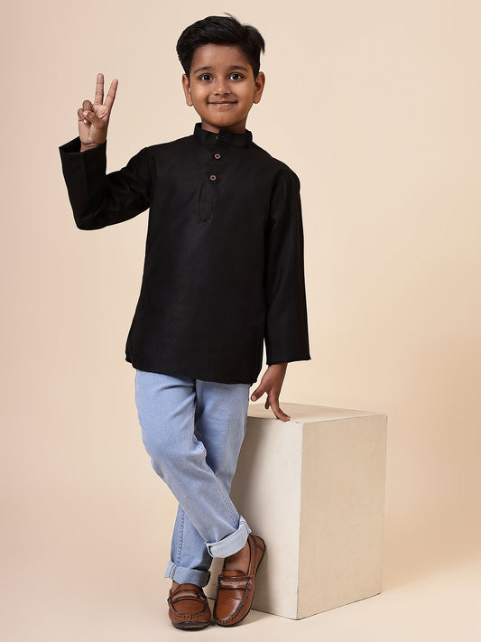 Karnam Junior - Boys Black Cotton Short Kurta