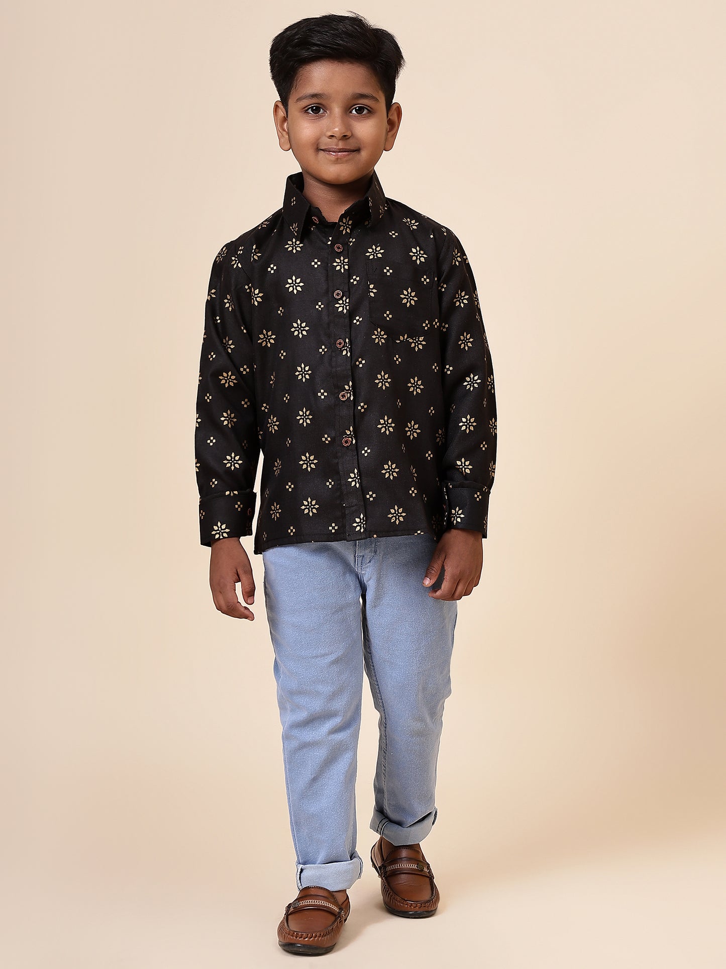 Karnam Junior - Boys Black and Gold Cotton Shirt