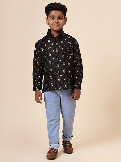 Karnam Junior - Boys Black and Gold Cotton Shirt