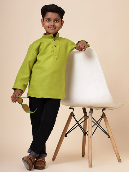 Karnam Junior - Boys Olive Green Cotton Short Kurta