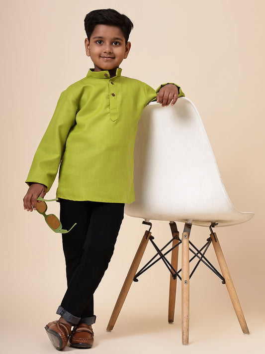 Karnam Junior - Boys Olive Green Cotton Short Kurta