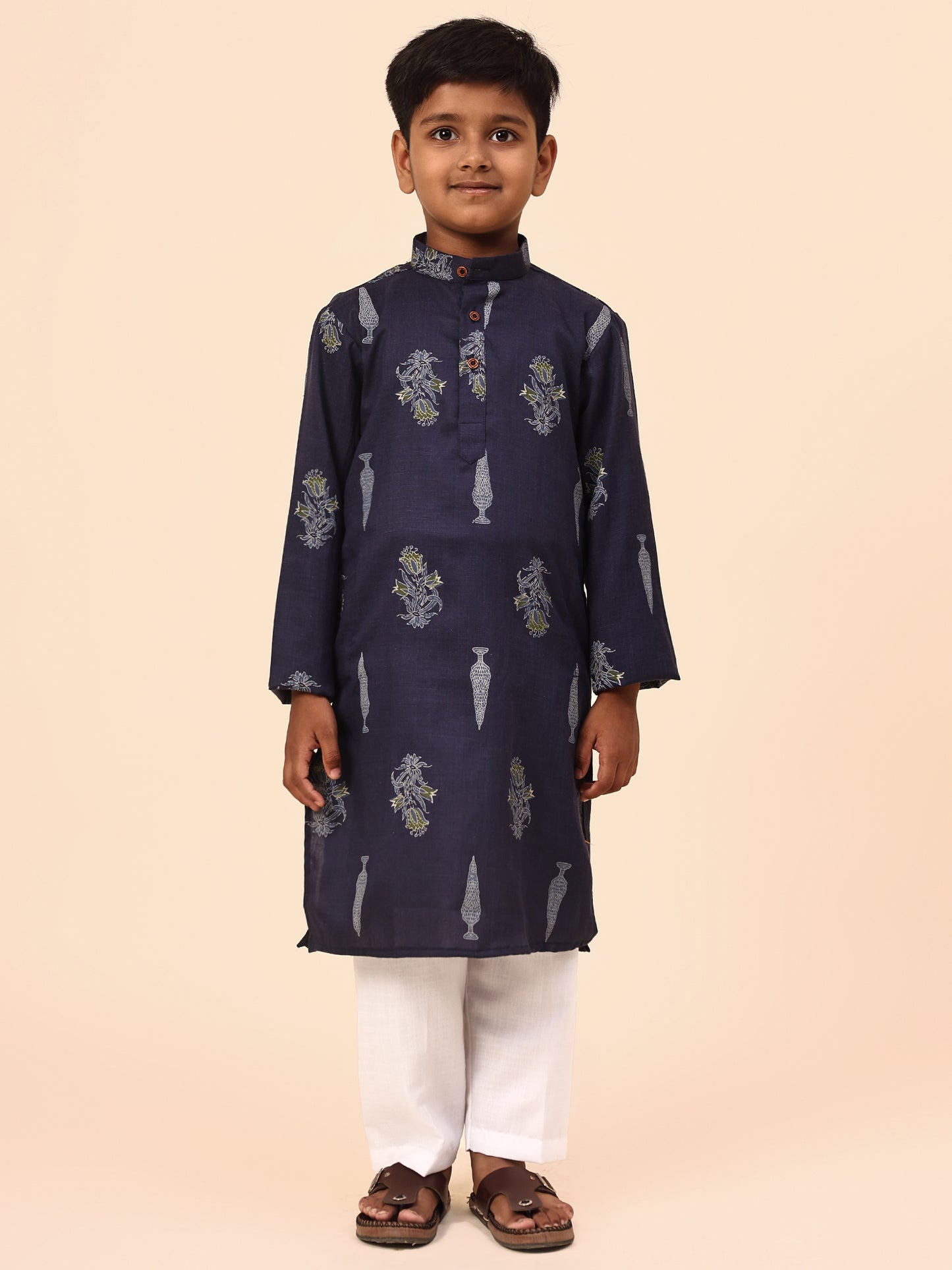 Karnam Junior - Boys Navy Blue Foliage Printed Cotton Long Kurta Top