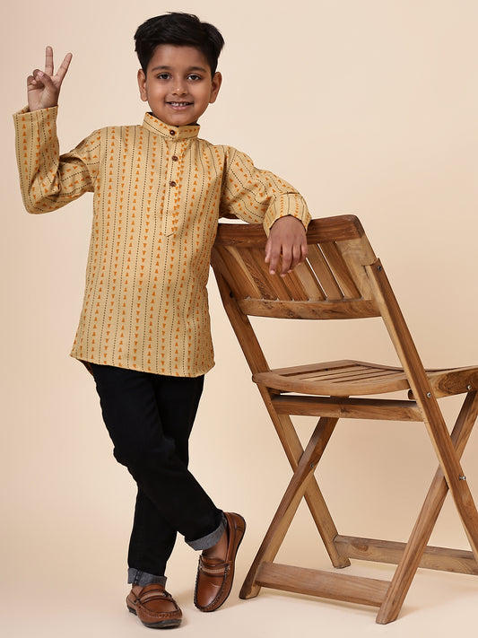 Karnam Junior - Boys Yellow Printed Cotton Short Kurta