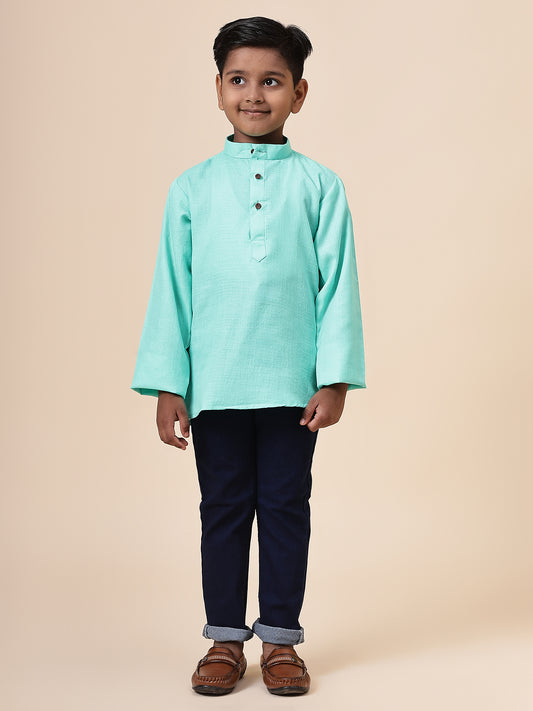 Karnam Junior - Boys Bright Turquoise Cotton Short Kurta