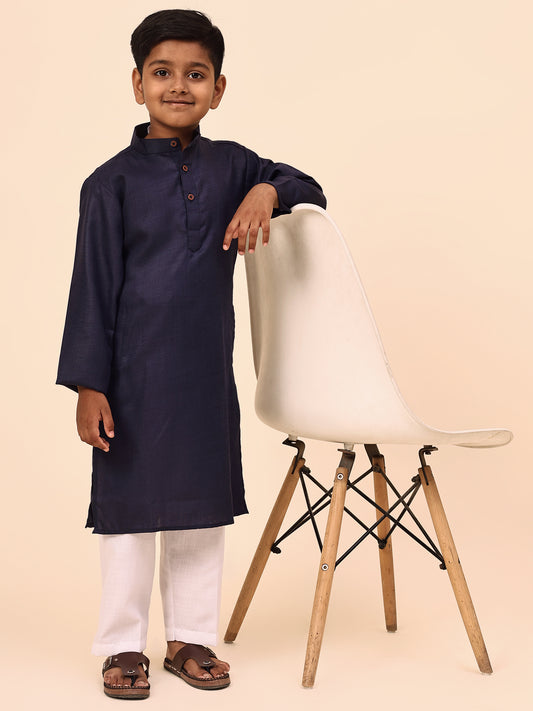 Karnam Junior - Boys Navy Blue Cotton Kurta Set
