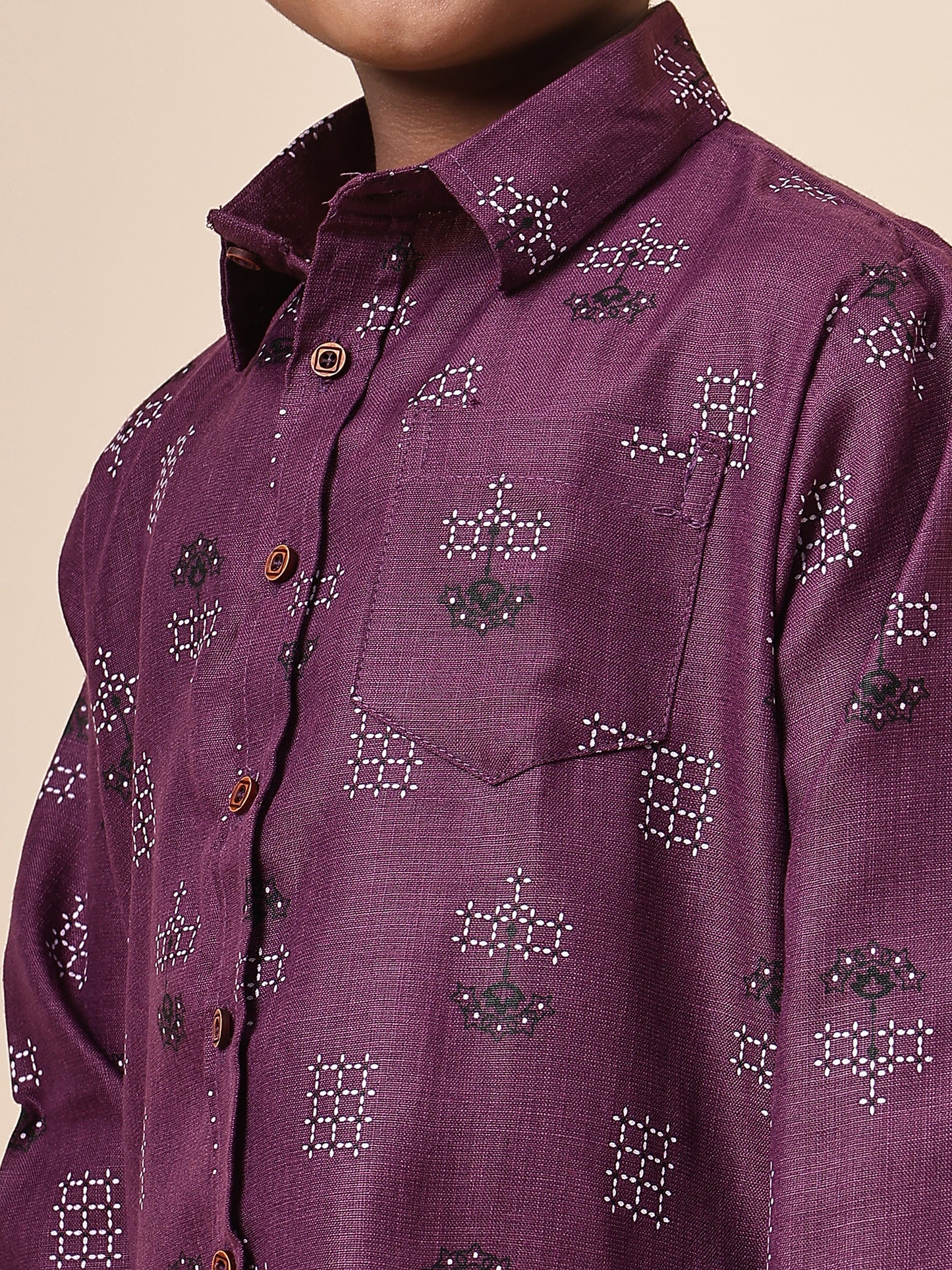 Karnam Junior - Boys Purple Square Printed Cotton Shirt