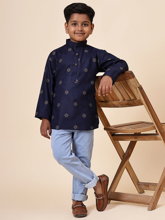 Karnam Junior - Boys Navy Blue and Gold Cotton Short Kurta
