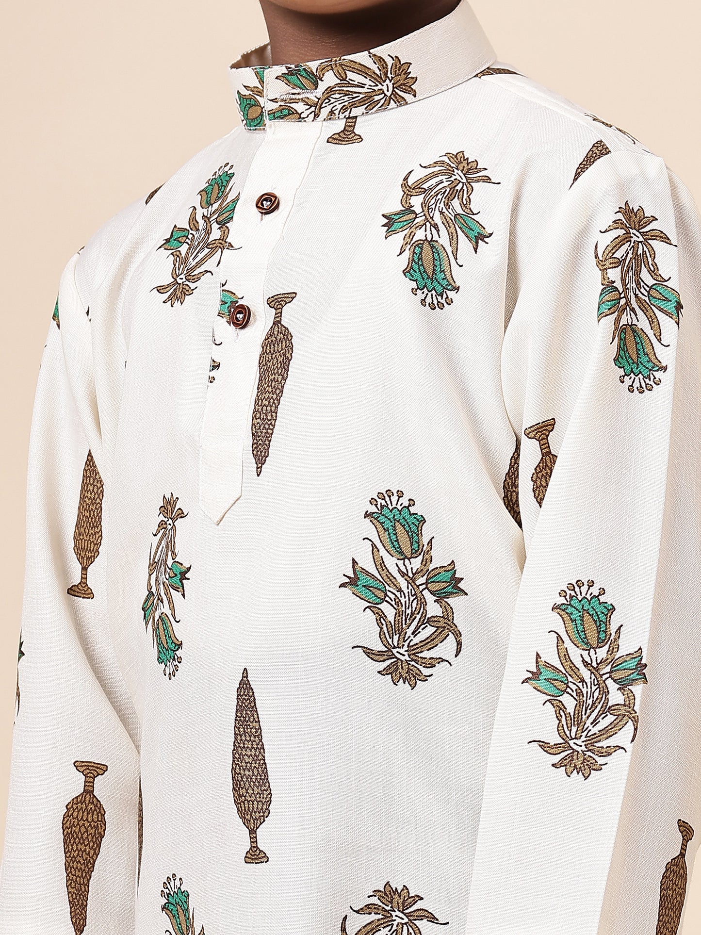 Karnam Junior - Boys Cream Foliage Cotton Short Kurta