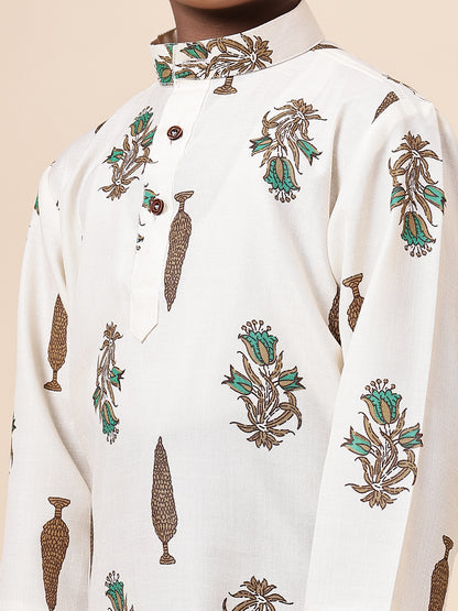 Karnam Junior - Boys Cream Foliage Cotton Short Kurta
