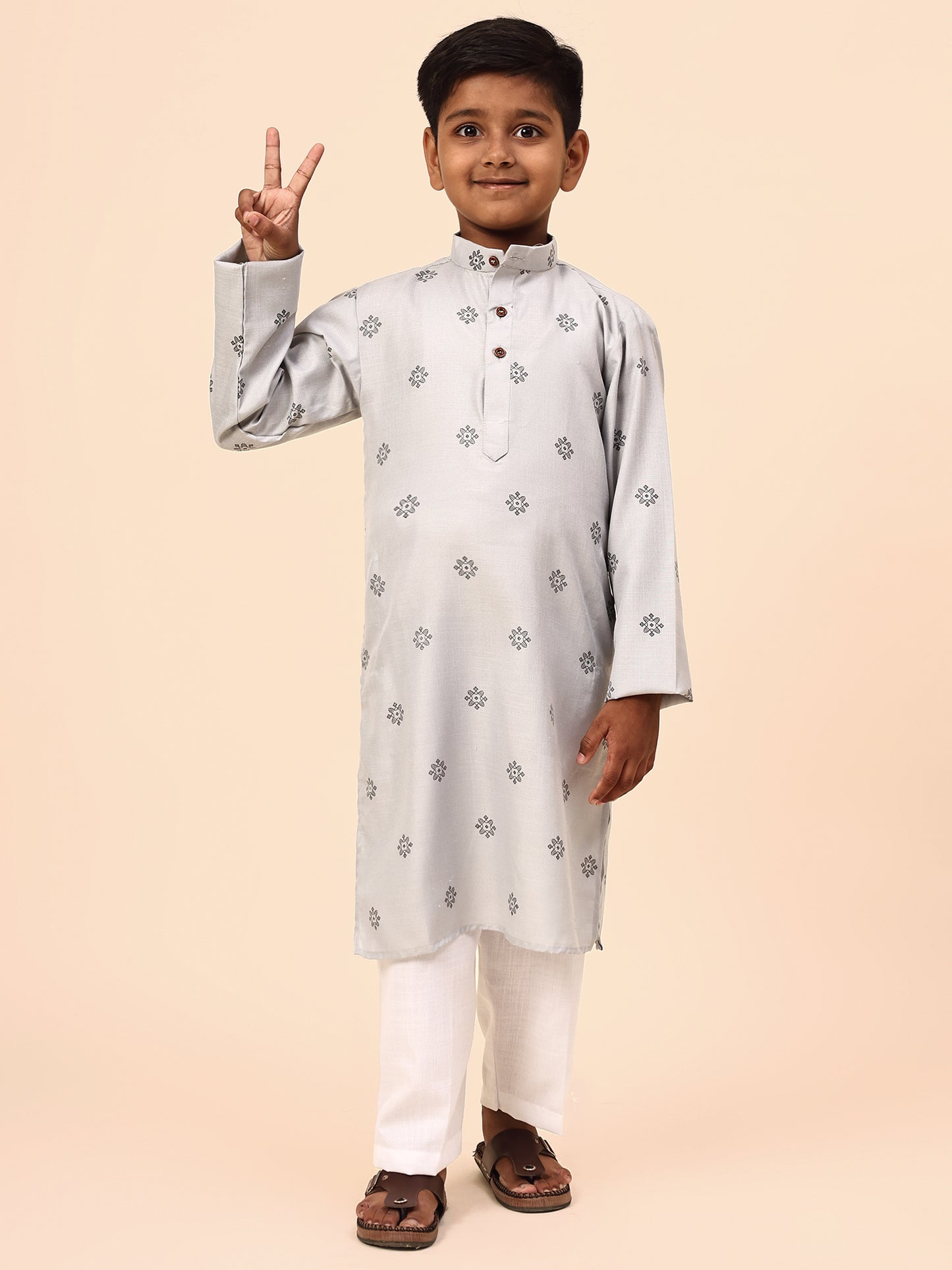 Karnam Junior - Boys Gey Printed Cotton Long Kurta Top