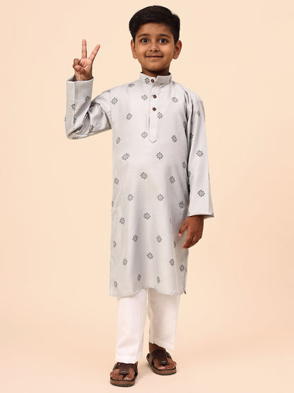 Karnam Junior - Boys Gey Printed Cotton Long Kurta Top