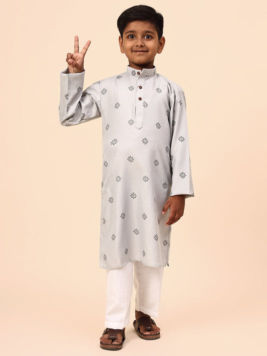 Karnam Junior - Boys Gey Printed Cotton Long Kurta Top