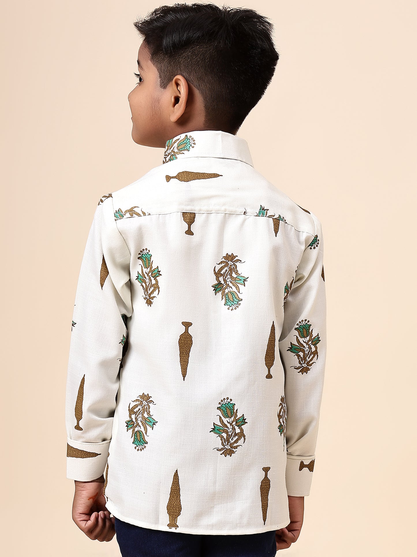 Karnam Junior - Boys Cream Foliage Printed Cotton Shirt