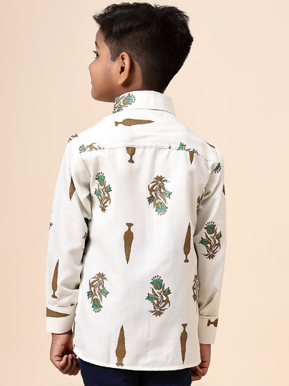 Karnam Junior - Boys Cream Foliage Printed Cotton Shirt